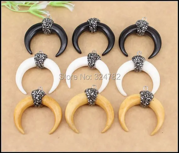 10 шт. подвеска в форме полумесяца/рога из бычьей кости с кристаллами горным