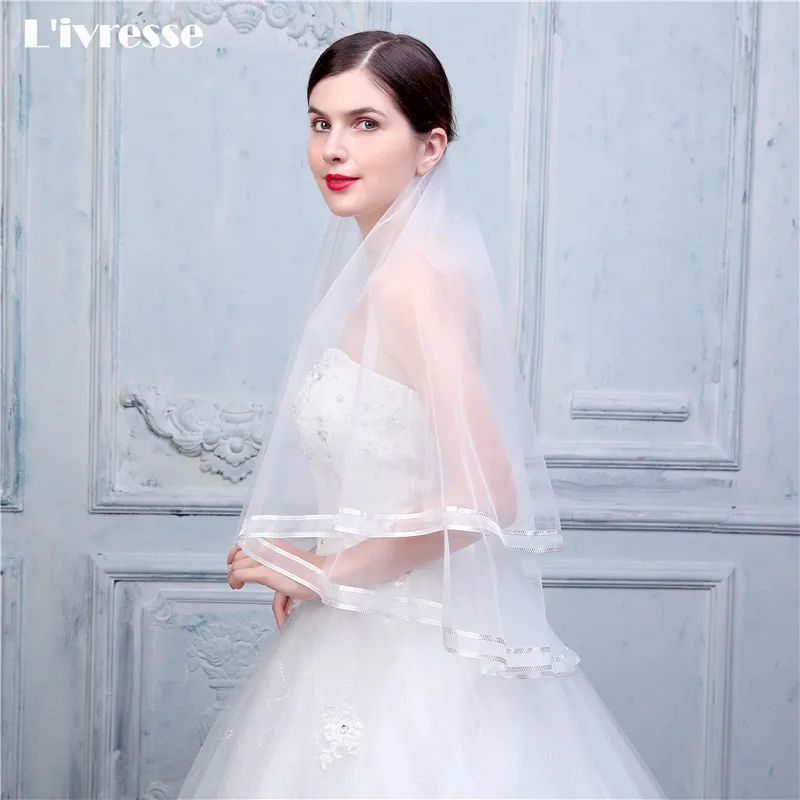 Оптовая продажа Элегантные Белый Кот Лента Край Два Слои Свадебная Фата с