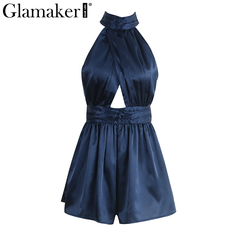 Glamaker, сексуальный костюм на бретельках с низким вырезом на спине, Женский Летний комбинезон из мягкого атласа, комбинезоны, комбинезоны с вырезами и складками