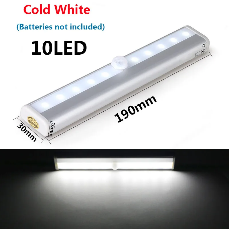 Cold White 10LED Под шкаф свет батарея светодиодный PIR датчик движения лампа 6 светодиодное освещение для шкафа шкаф кухонный ночник - Цвет: Cold White 10LED