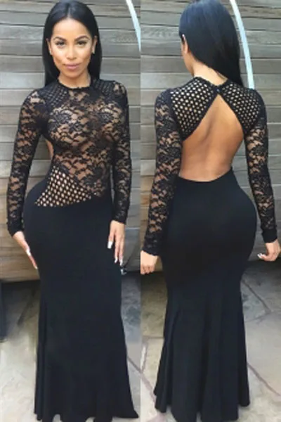 Черное Кружево Длинным Рукавом Спинки Русалка Платье Вырез Пром длинные