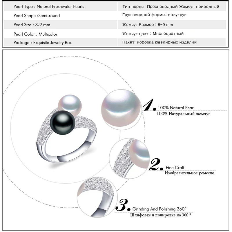 

FENASY Pearl Jewelry Double Pearl Rings White Freshwater Pearl Rings 925 Silver Wedding Rings For Women