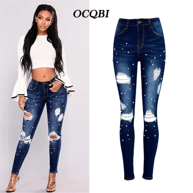 

Plus Size Spring 2018 Skinny Distressed Streetwear Jeans Woman Embroidered Flares High Waist Denim Pants