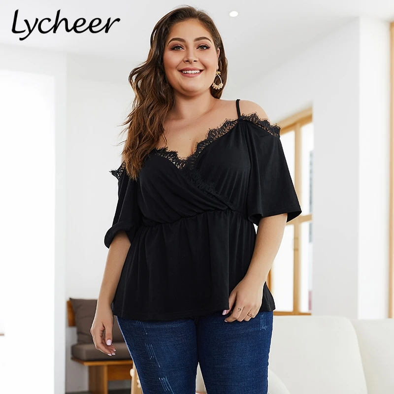 Lycheer плюс размер черный сексуальный кружевной топ на бретелях женская летняя уличная рубашка Топы женские