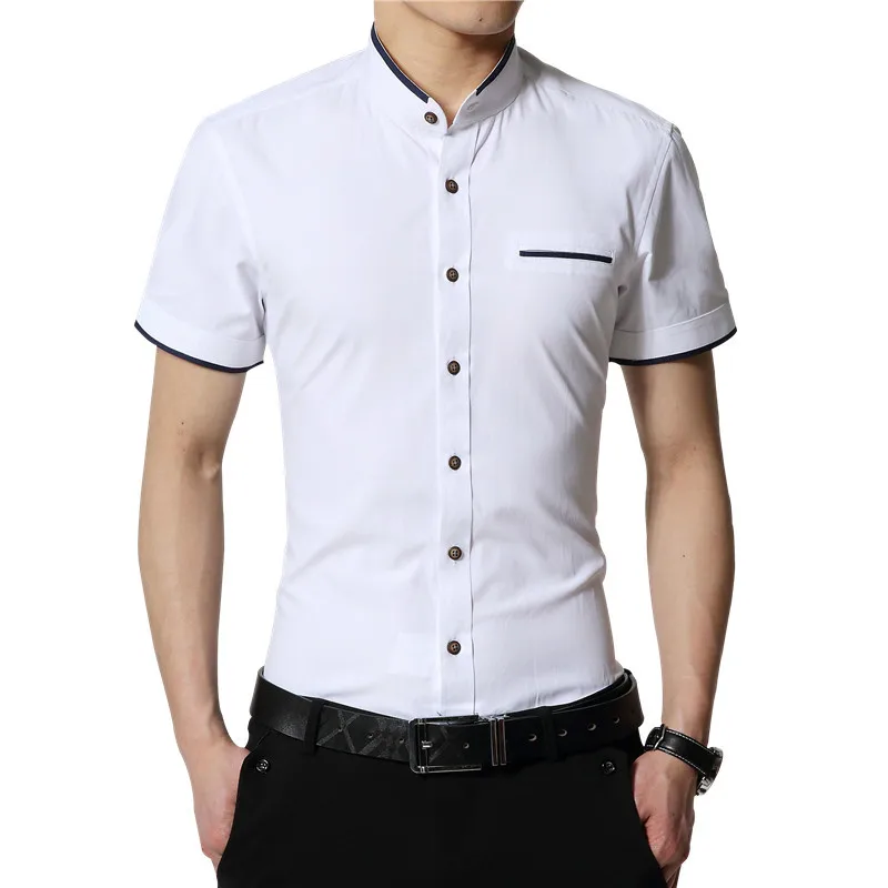 TFETTERS Новая модная летняя белая рубашка мужская с коротким рукавом Slim Fit стоячий