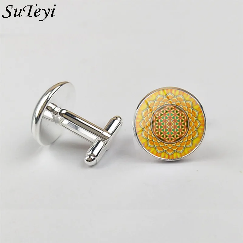 

SUTEYI Серебряная Мода цветок жизни запонки мандалы мужская женская рубашка буддийская Йога стеклянная кабошон манжета фото ювелирные издели...