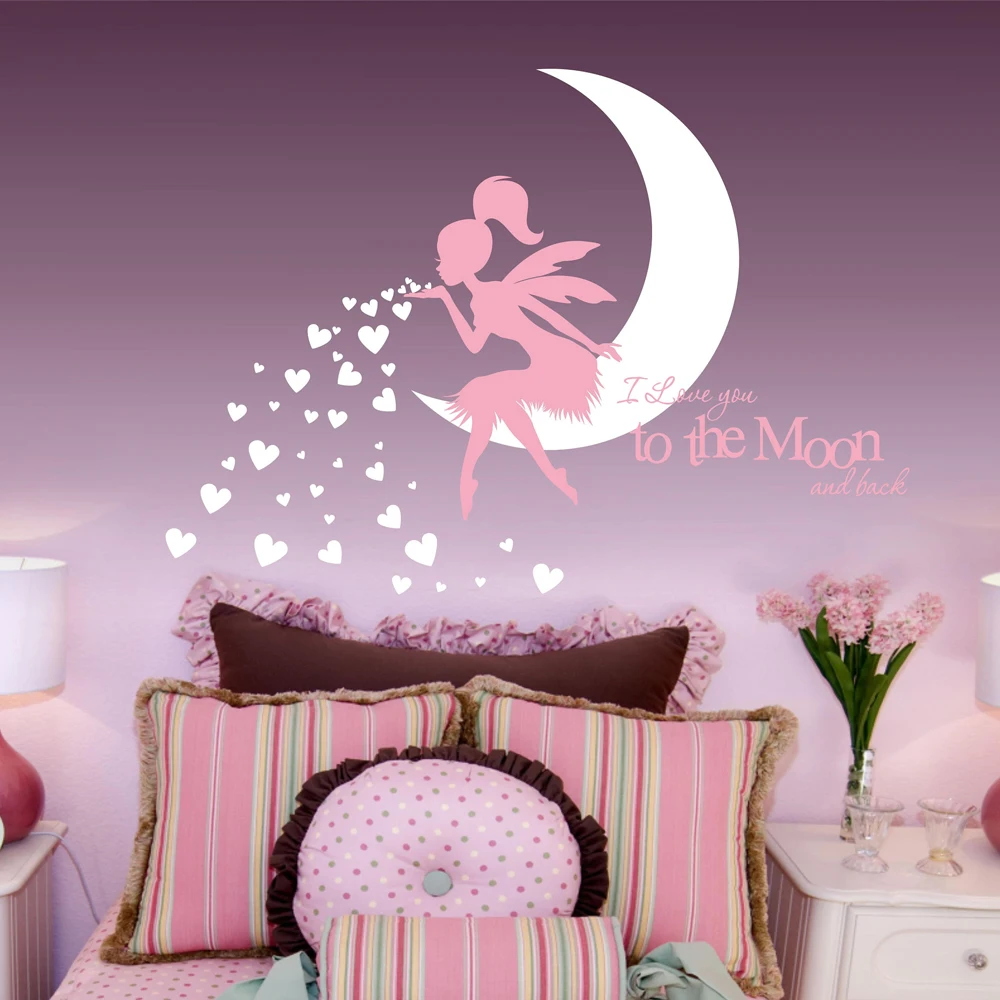 Фея дует сердца Наклейка на стену с надписью I Love You To The Moon And Back (мама я тебя