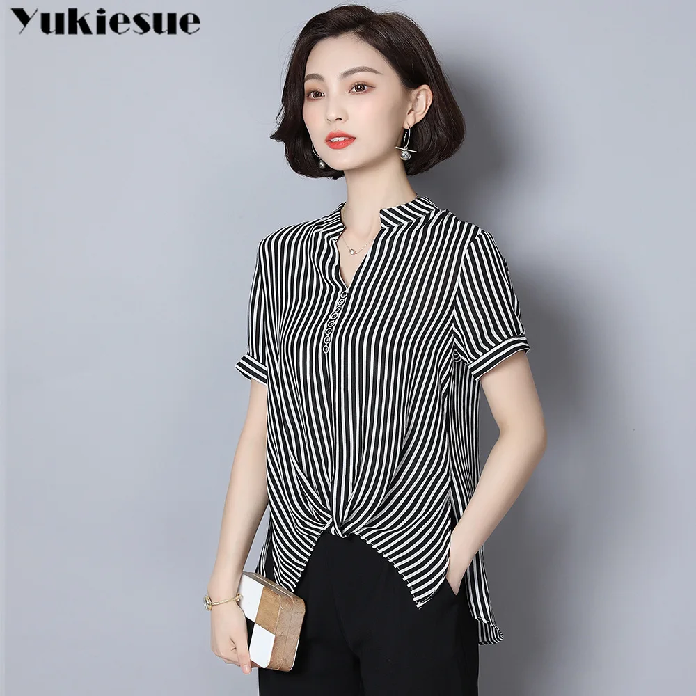 Летняя полосатая Женская рубашка блузка для женщин blusas Женские топы и блузки