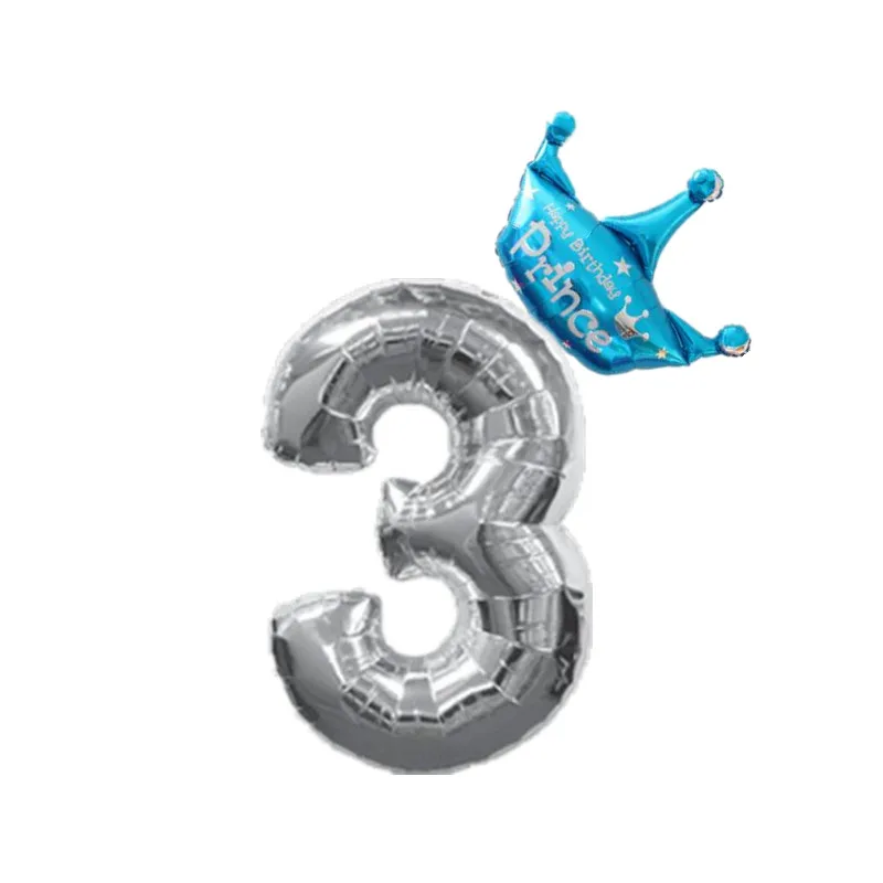 3 With Blue Crown 32/40 дюймовые серебряные воздушные шары из фольги для детей 1, 2, 3, 4, 5, 6, 7, 8, 9 лет с короной, неоновые Стикеры для маленьких мальчиков и девочек - Цвет: 3 With Blue Crown