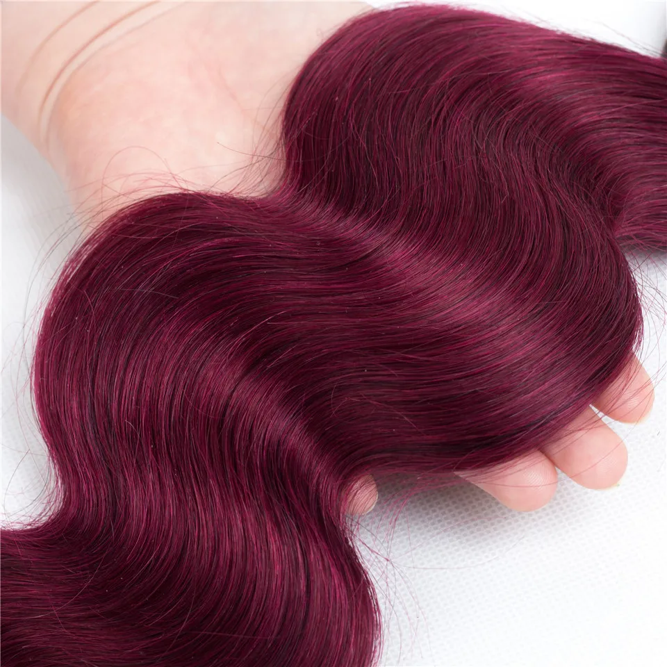 

1B/Burgandy Body Wave Ombre Human Hair Bundles With Frontal Ombre Colored 13x4 Ombre Lace Frontal Closure With Bundles Peruvian