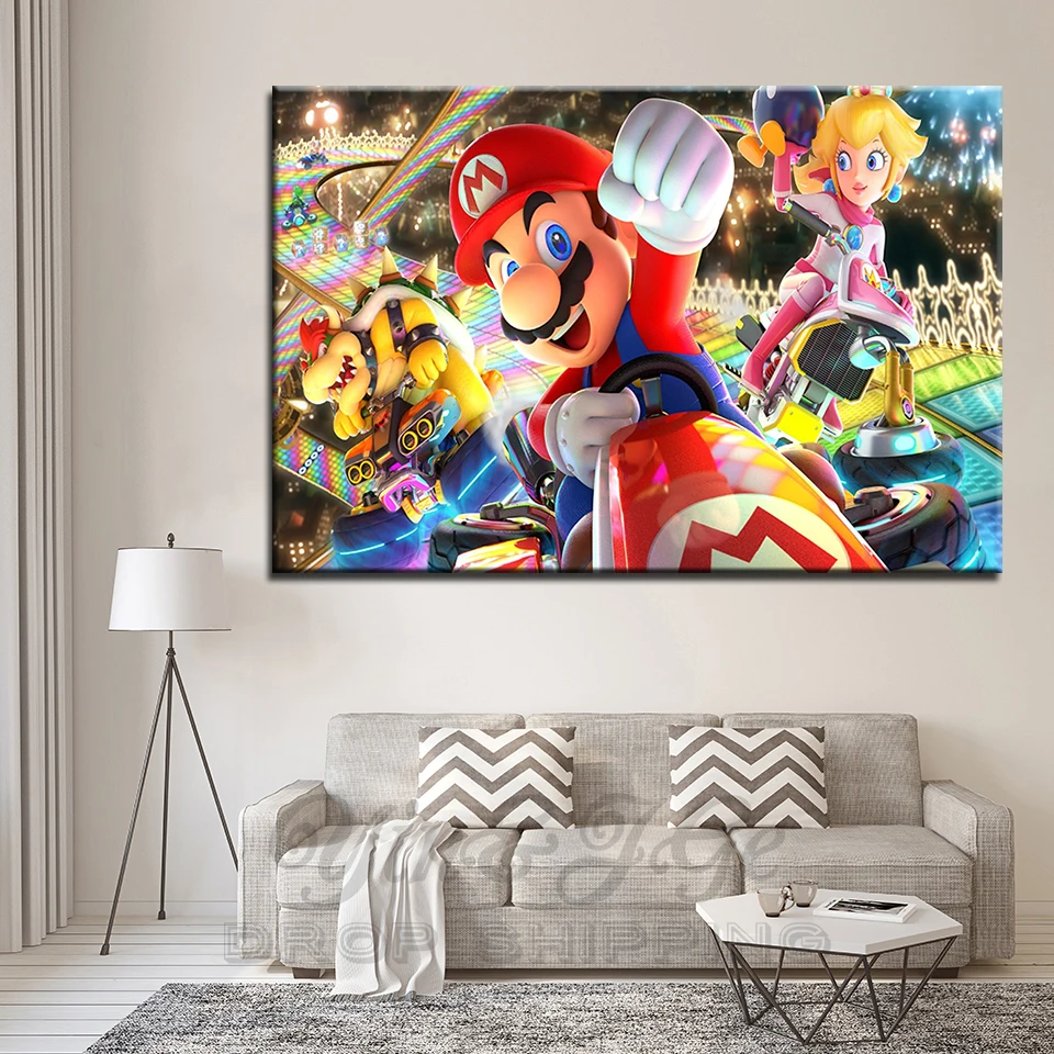Картины на холсте домашний Декор Гостиная 1 шт. Mario Kart игра Картина модульная настенная живопись мультфильм персонажи Плакат рамка