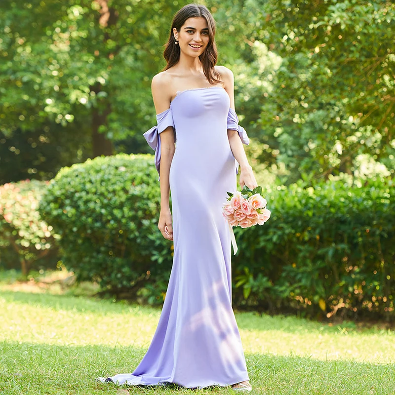 

Tanpell strapless long bridesmaid dress purple off the shoulder floor length mermaid gown women wedding party bridesmaid dresses