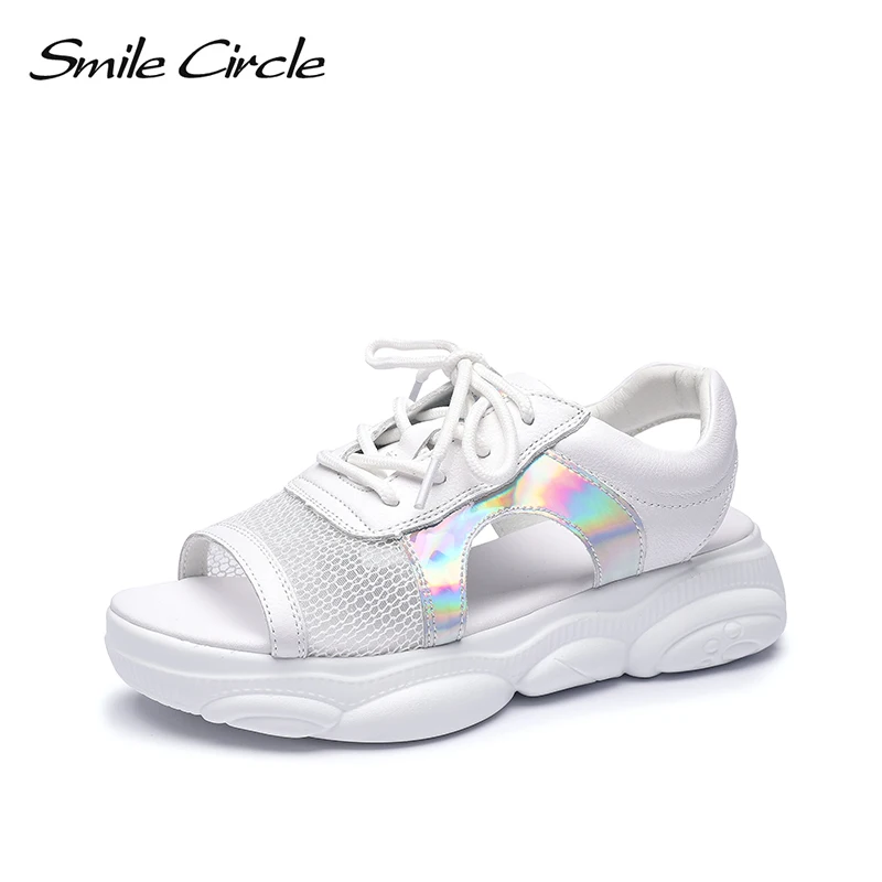 Smile Circle 2019 Summer Casual Sandals Women flat platform Shoes Genuine Leather Fashion Lace-Up Open Toed | Обувь