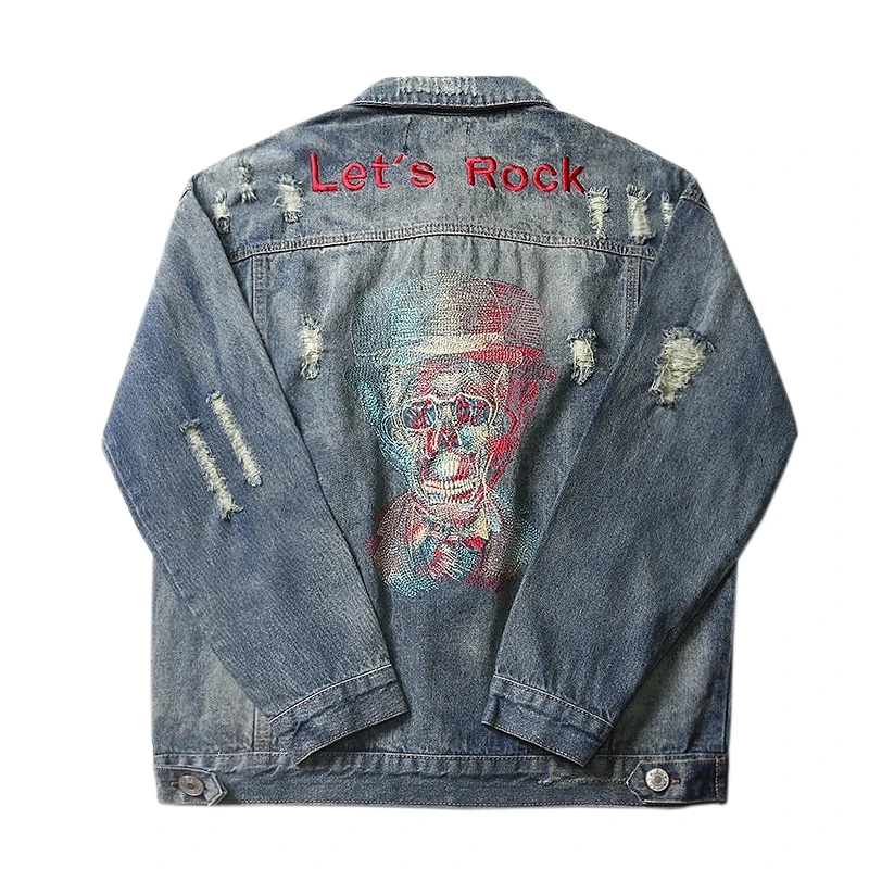 

New Hole Denim Jacket Men Cotton Fashion Jean Coats Mens Retro Hip Hop Skulls Embroidery Ripped Brand Streetwear Coat DS50418