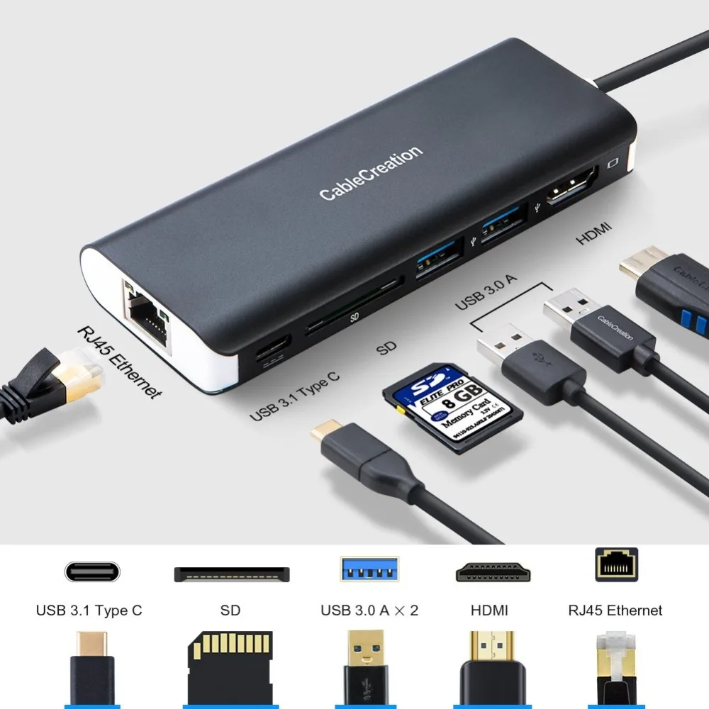 USB-хаб мультипортовый адаптер типа C 4K Стандартный USB 3 0 HDMI Ethernet SD-карта и Женский