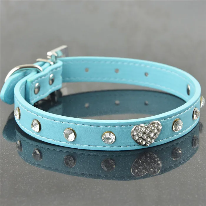 Blue Кожаный ошейник для питомца собаки кошки с кристаллами, регулируемый ошейник с подвеской для питомца собаки щенка - Цвет: Blue