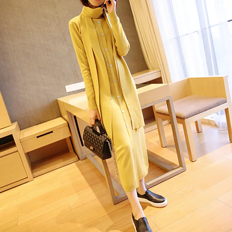 

2018 autumn and winter new women's fashion slim knit dress solid color temperament base long sleeve sweater