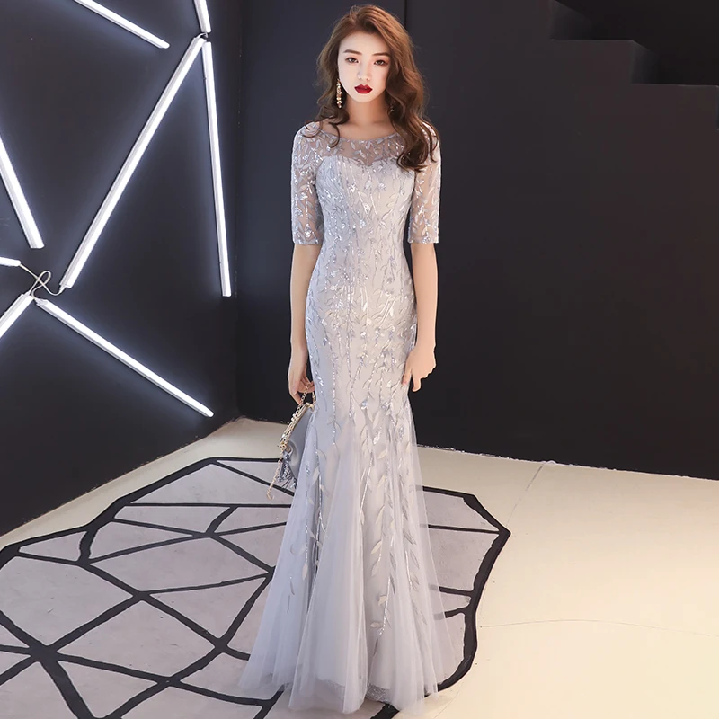 Robe De Soiree серебряное длинное вечернее платье с круглым вырезом и открытой спиной