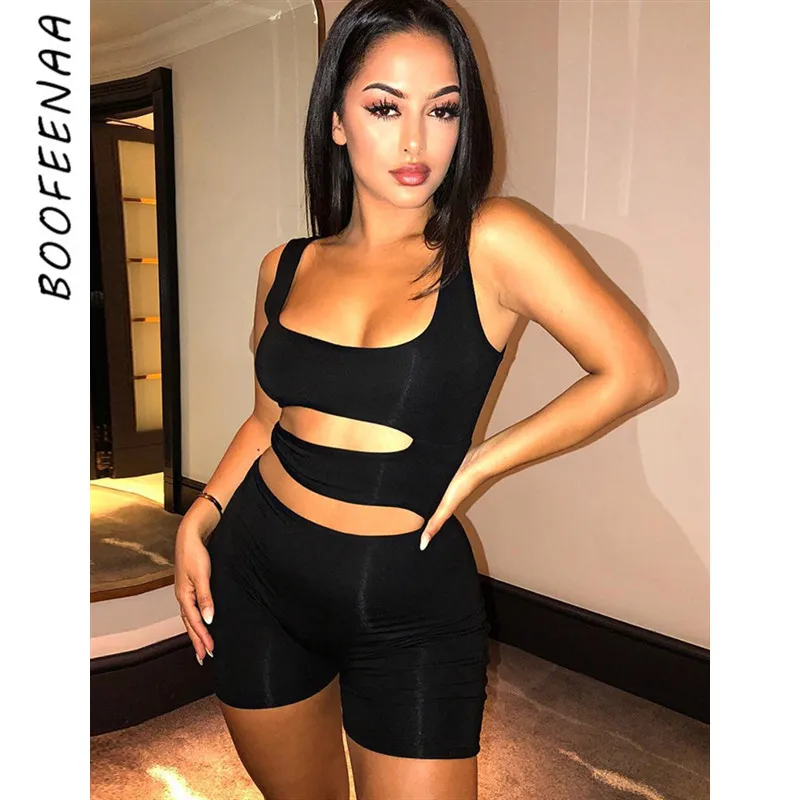 BOOFEENAA сексуальный черный комбинезон с вырезом шорты Облегающий без рукавов
