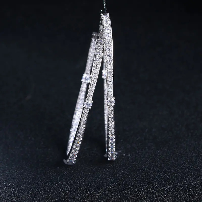 White Gold LXOEN роскошные циркония Большие женские обручи с белого цвета золота блестящие хрустальные круглые обручи серьги для свадебной вечеринки - Окраска металла: White Gold