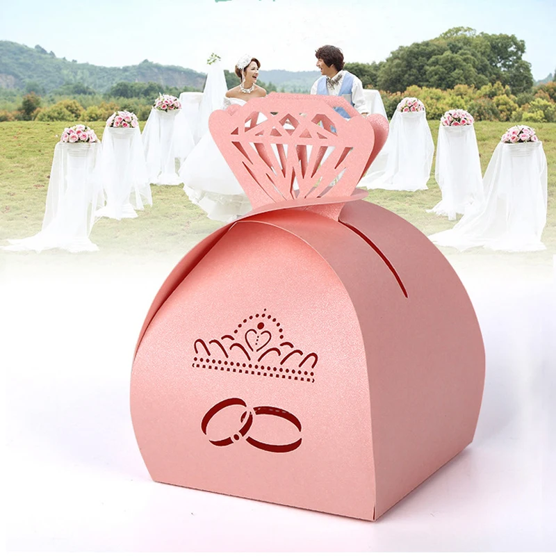 (100 шт./лот) обручальное кольцо с лазерной резкой и Корона розовая коробка конфет