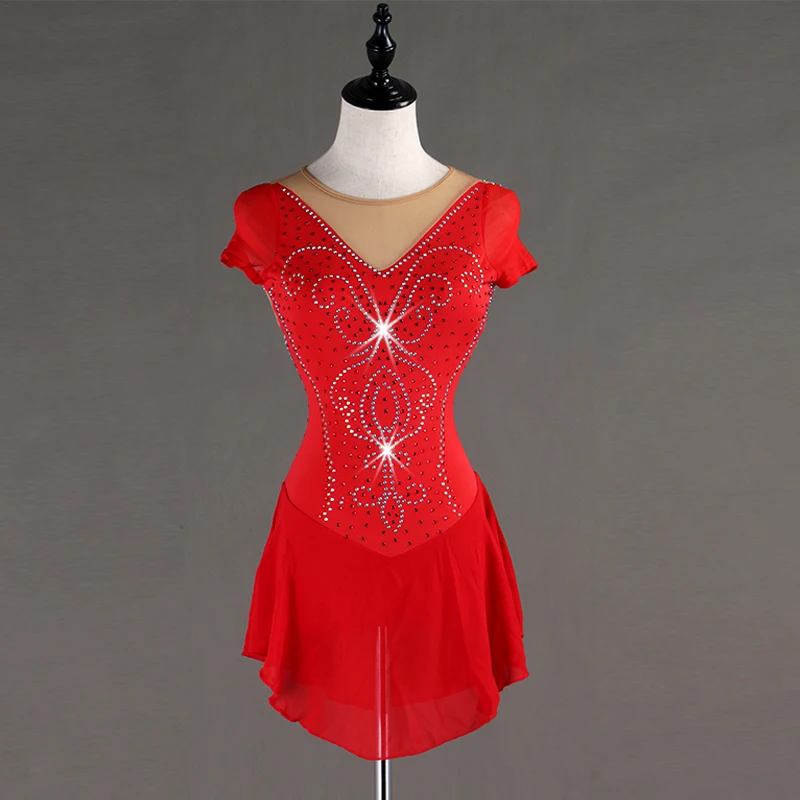 

Figure Skating Dress Red Short Sleeve Adult Child Girl Training Skirt Performance Ice Scating Dress Customize Skating Wear B025