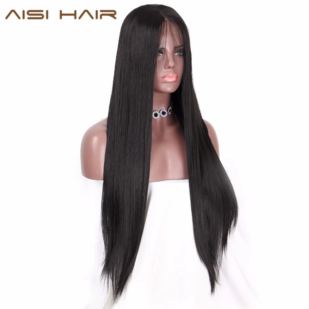 AISI HAIR 26 дюймов длинный черный парик прямой синтетический парик на кружеве для женщин натуральный цвет термостойкие Futura волосы