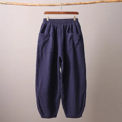 navy blue New women big size ramie trousers winter cotton linen wide pants cotton padded warm bottom top quality clothes for women - Цвет: navy blue