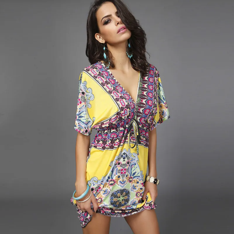 Deep V Neck Short Sleeve Bohemian Dress Chiffon Mini Floral Printing Beach dress Milksilk Comfort Vacation | Женская одежда