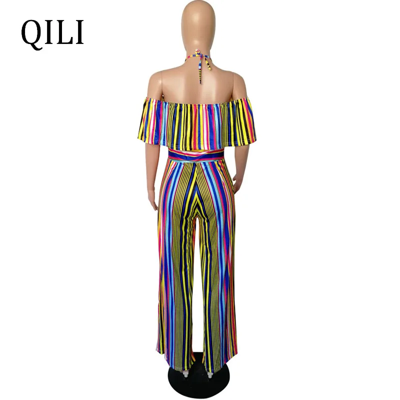 

QILI Women Off the Shoulder Sexy Jumpsuits Rompers Slash Neck Ruffles Wide Leg Loose Jumpsuits Striped Plus Size Overalls