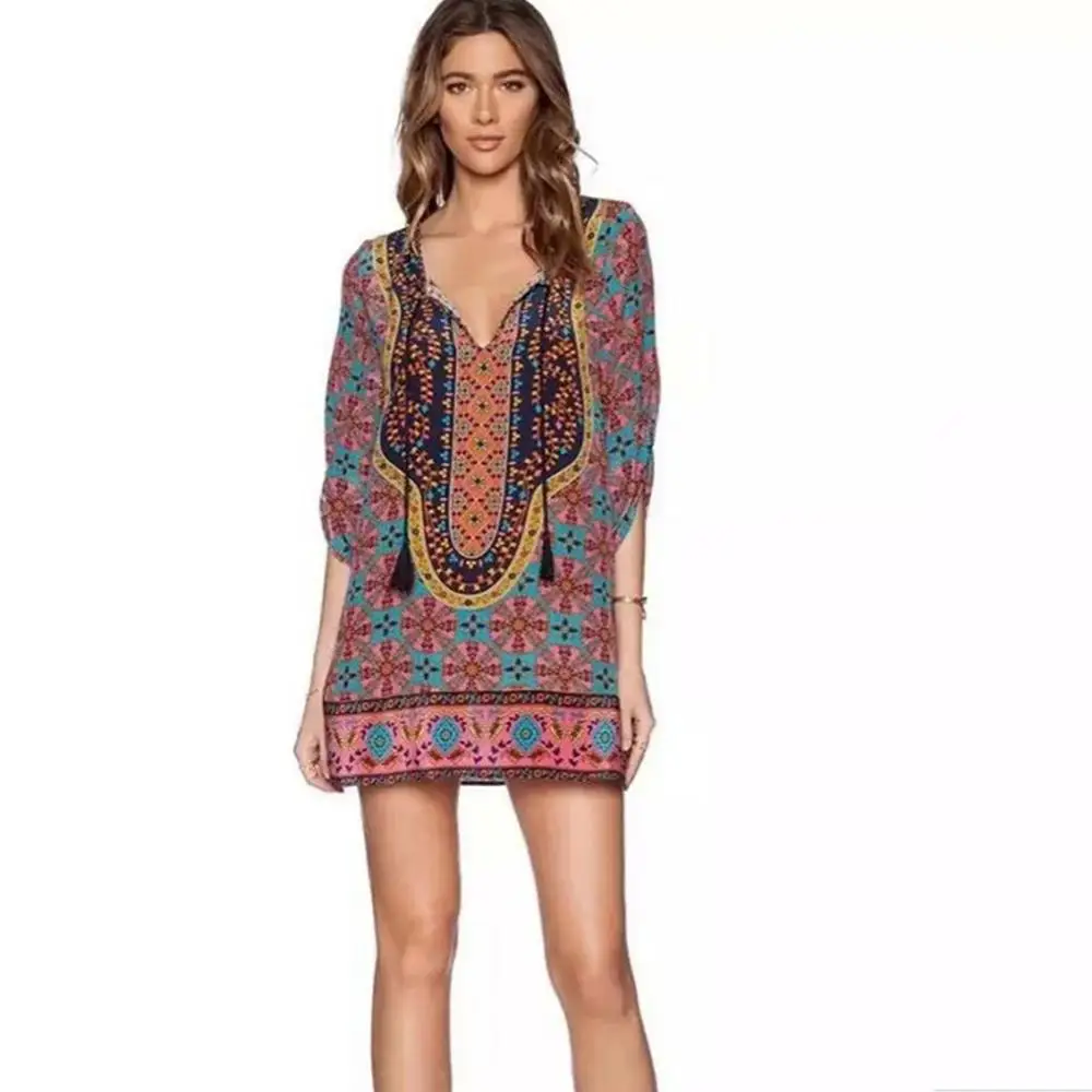 Женское богемное платье с v образным вырезом и коротким рукавом винтажное в