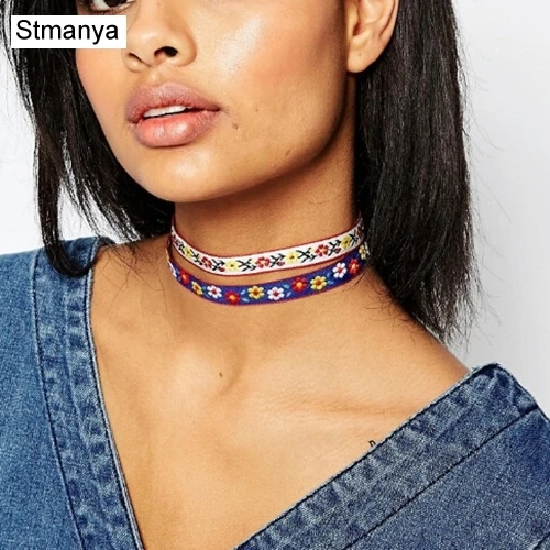 1pcs Choker New Fashion Embroidery Collar Necklace Harajuku PU Leather chockers Women's Fabric Collier N1057 | Украшения и
