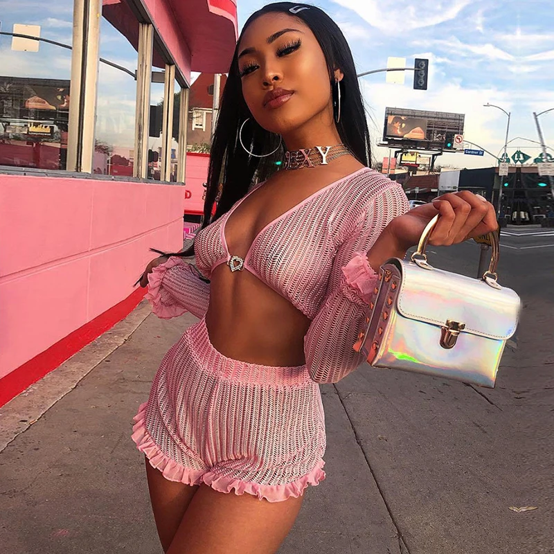 2 шт. шифоновые шорты с длинным рукавом и оборками|Спортивные костюмы| |