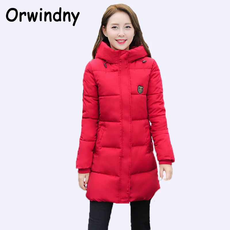Orwindny Новая модная Длинная зимняя куртка для женщин, тонкое женское пальто, утепленная парка, хлопковая одежда, красная одежда с капюшоном для студентов