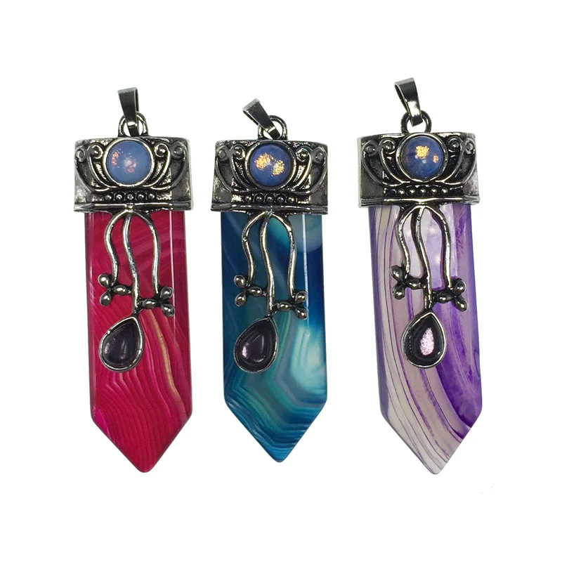 Antique Retro Opal Reiki Natural Stone Sword Pendants Pendulums Flower Charm Real Rosy Blue Stripe Agates Women Jewelry | Украшения и