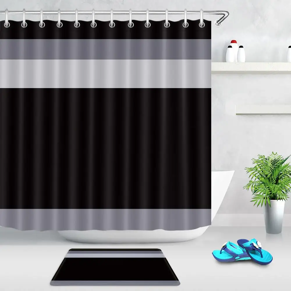 Curtain and Mat Забавная современная простая черно-серая белая занавеска для душа с полосками 12 крючков детский коврик для ванной комнаты водонепроницаемая ткань из полиэстера - Цвет: Curtain and Mat