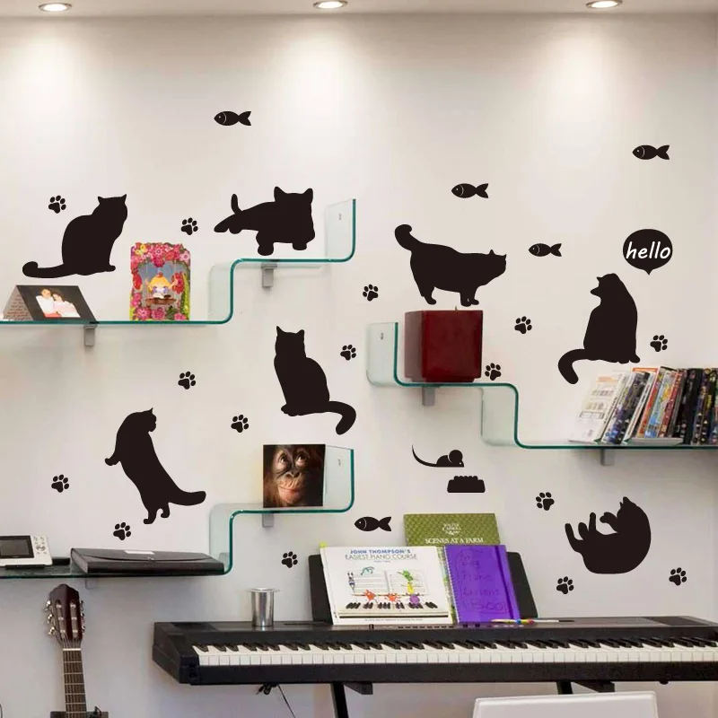 Мультяшная Милая Черная кошка Настенная Наклейка для домашнего декора Детская