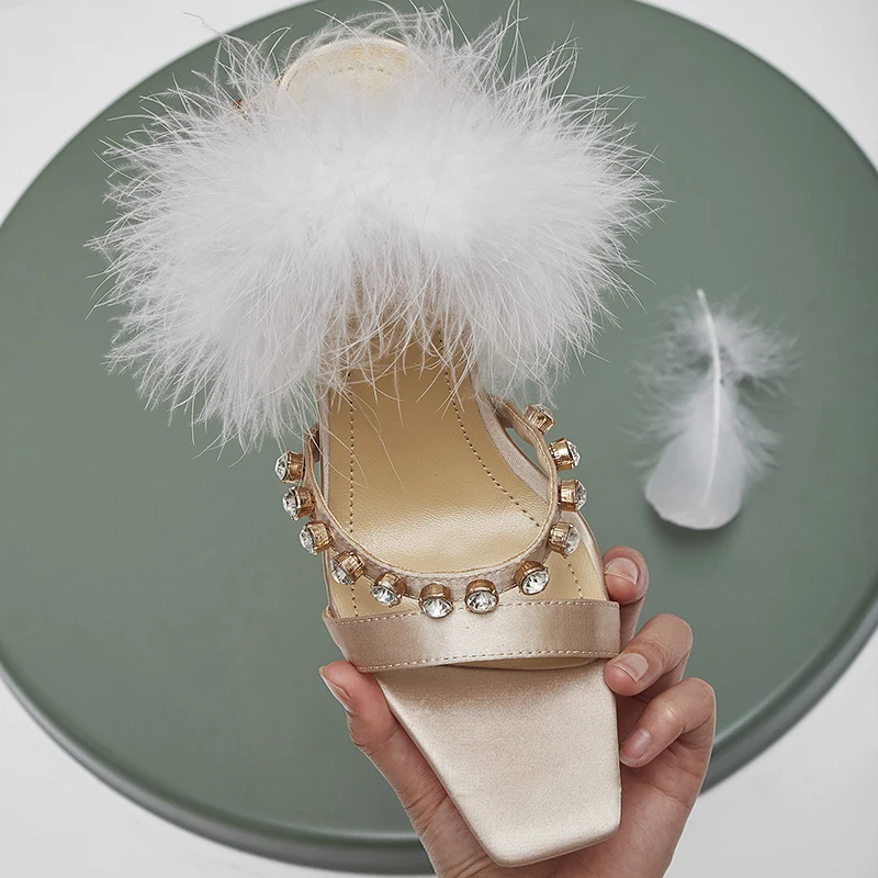 WETKISS Satin Strange Style Sandals Women Summer High Heels Sandals Female Crystal Shoes Woman Feather Party Luxury Shoes Ladies