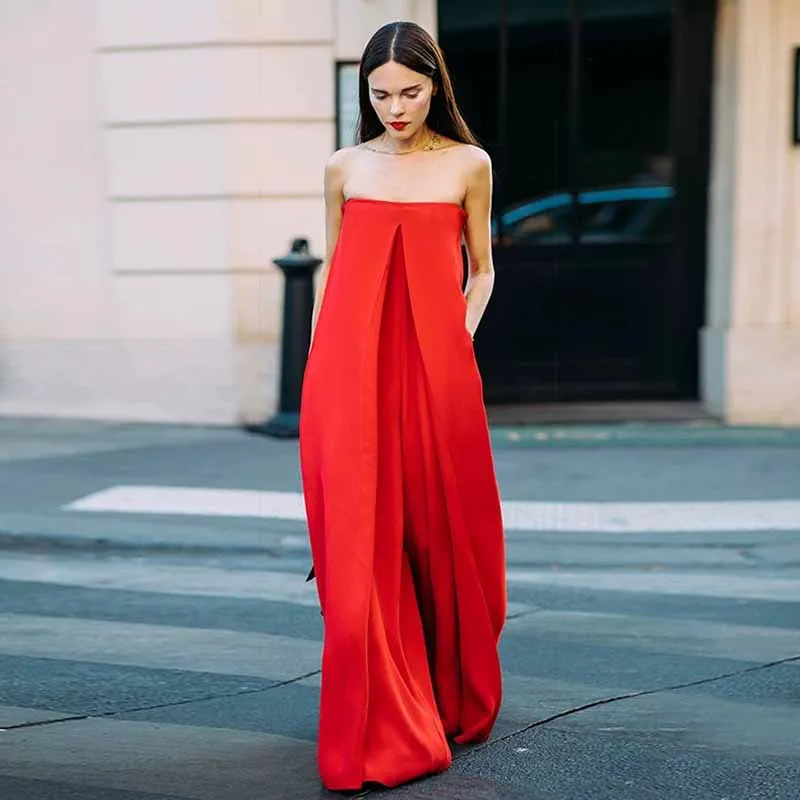 

Red Super Loose Jumpsuit Women Boat Neck Sleeveless Summer Long Jumpsuit 2018 Street Wear Fashionable Wide Leg Jumpsuit