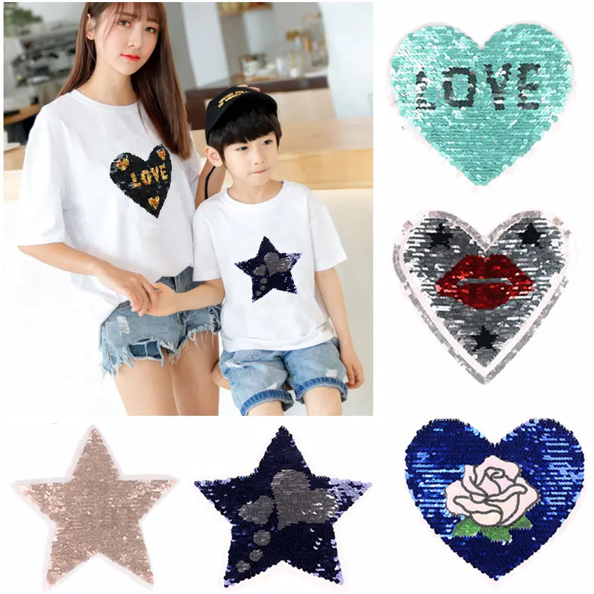 Change color reversible sequins patches stars Peach heart diy craft sew on T-shirt clothes decoration accessories repairthe hole | Дом и сад