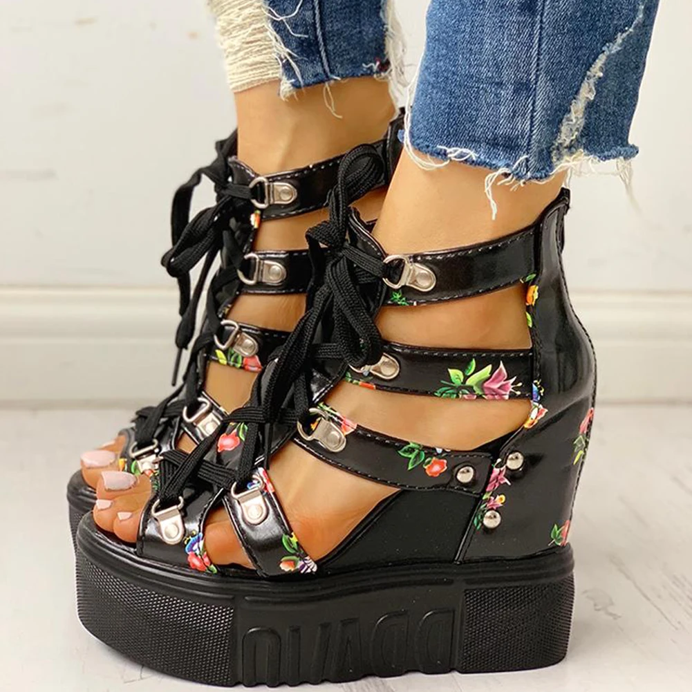 

INS hot print Leisure Wedges women's Shoes 2019 Summer Sandals Platform shoelaces High Heels casual Shoes Woman