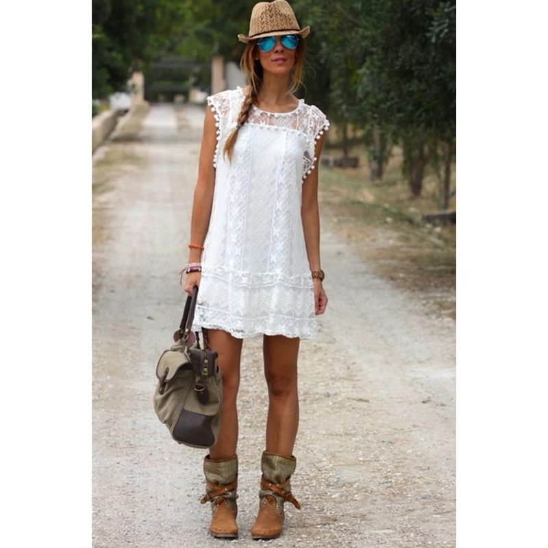 Платье женское кружевное без рукавов пикантное белое вечернее мини платье с