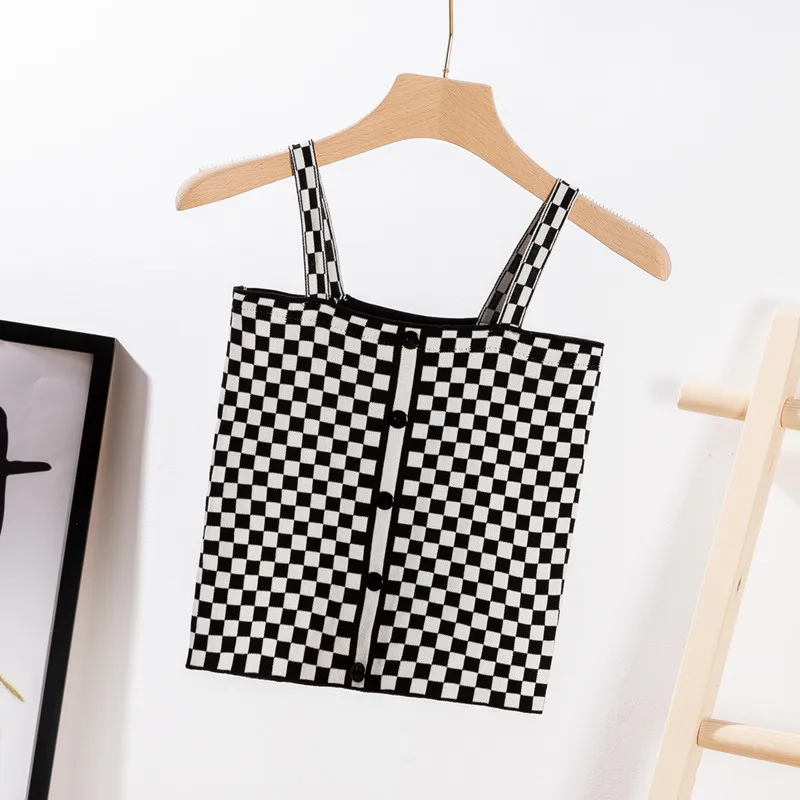 Женский клетчатый жилет повседневный трикотажный топ на бретелях без рукавов