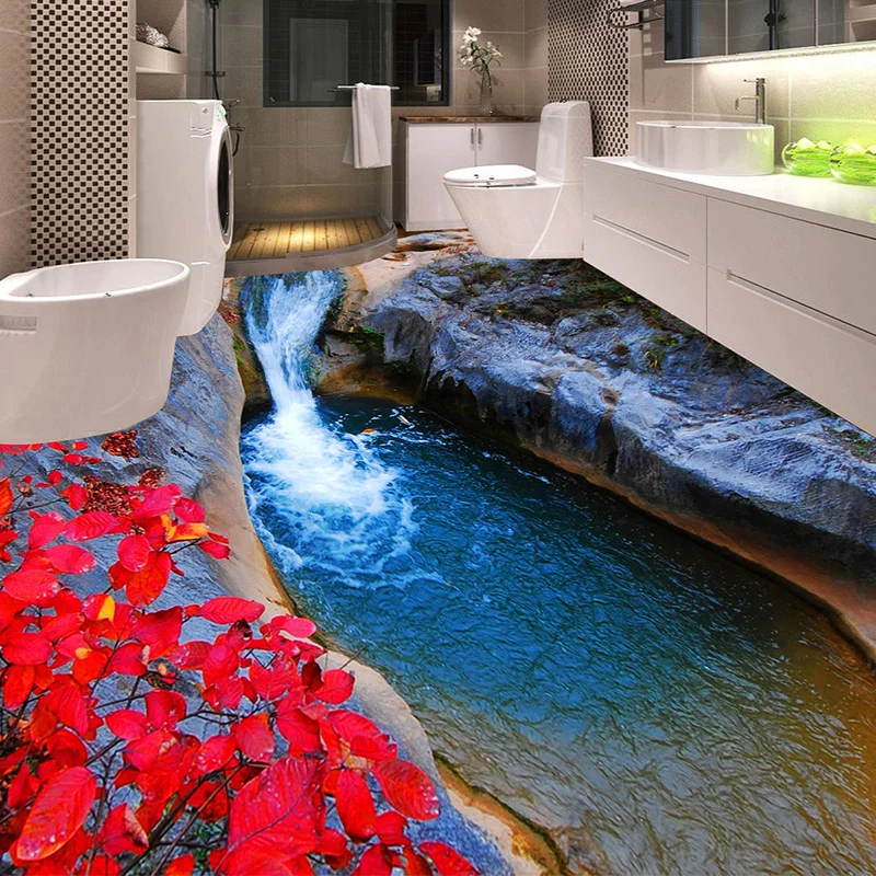 Фотобумага для стен 3D потоки гор красные листья унитазы ванная комната напольная