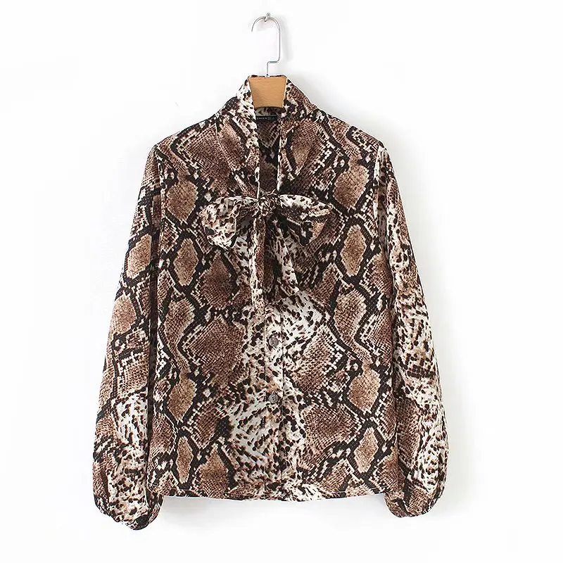 2019 Женская винтажная блуза с бантом и завязками на воротнике принт змеиной кожи