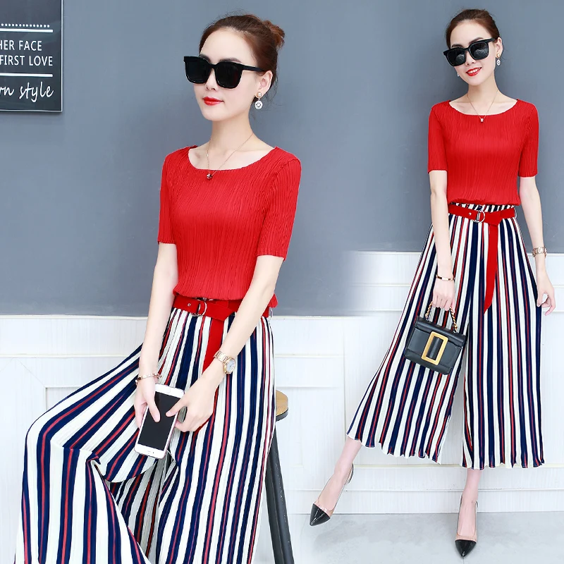 Летние Новые эластичные брюки в полоску с широкими штанинами корейская мода