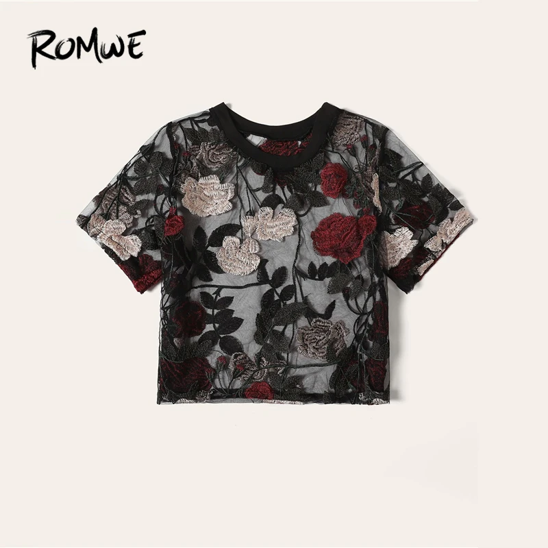 ROMWE, черная, с цветочной вышивкой, прозрачная блузка, женская, летняя,, элегантная, для улицы, сексуальная, круглый ворот, короткий рукав, топы и блузки