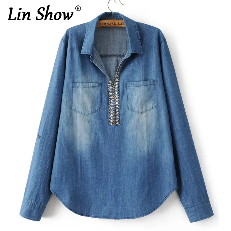 LINSHOW Джинсовые Блестки Женщины Блузки С Длинным Рукавом Нагрудные Твердые