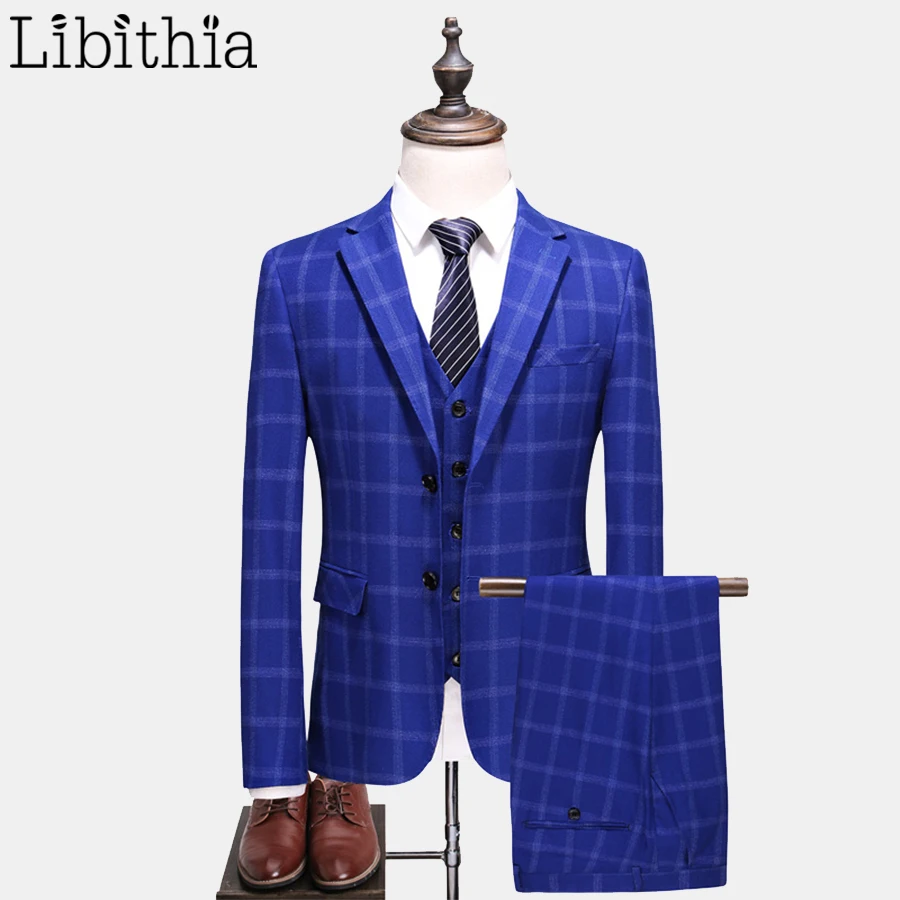 Мужской Клетчатый костюм с двумя кнопками из 3 предметов куртка высокого