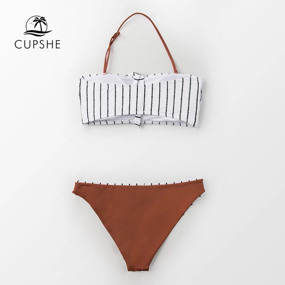 Женский купальник бандо CUPSHE черно белый в полоску карамельного цвета бикини с